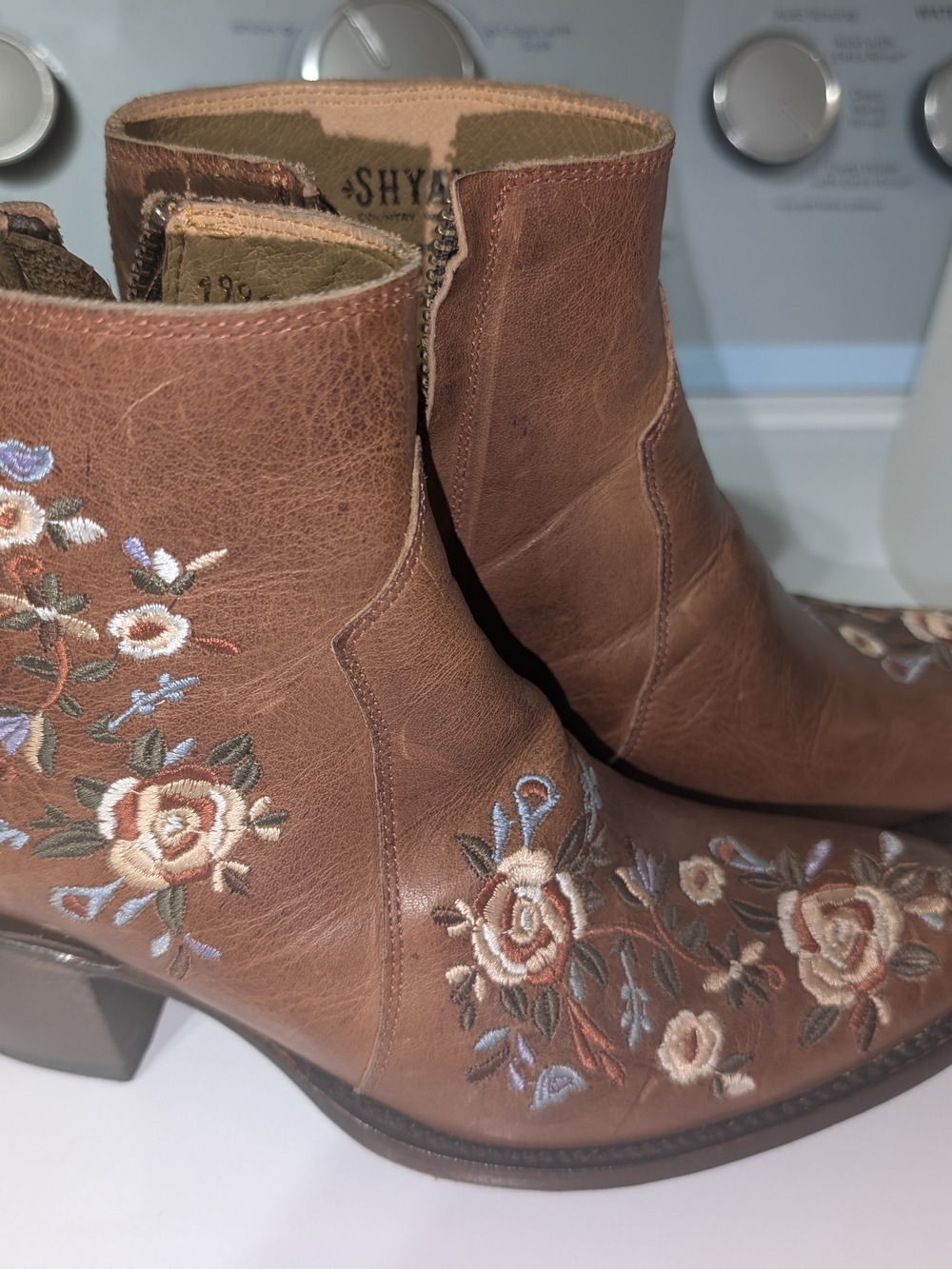 Shyanne Brown Leather Floral Embroidered Ankle Booties